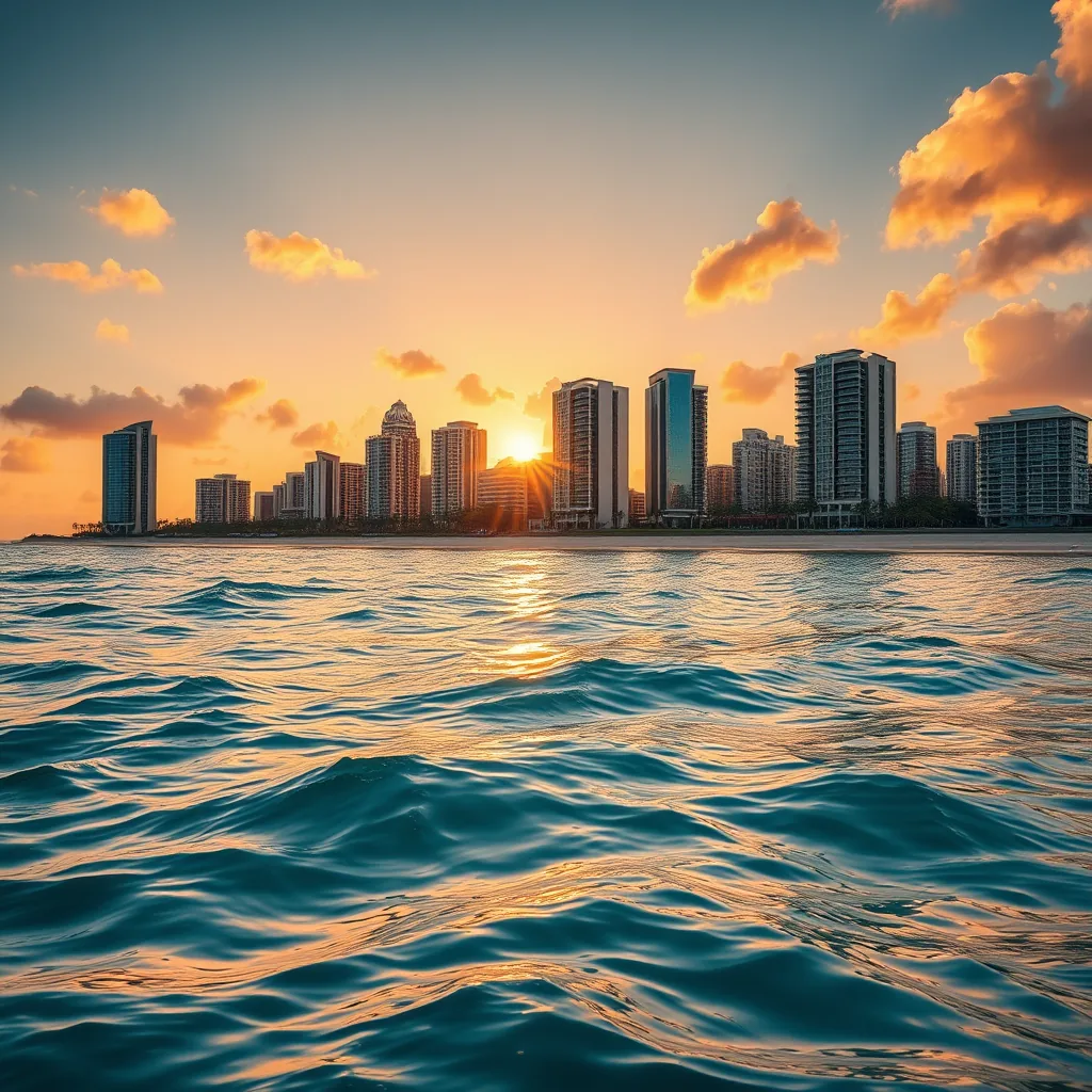 Skyline litorâneo brasileiro ao pôr do sol, ilustrando aposentadoria no Brasil para quem mora nos EUA