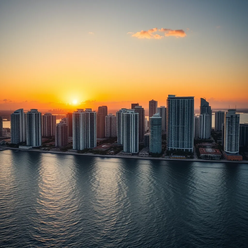 Skyline de Miami ao entardecer, ilustrando famílias brasileiras estruturando presença nos EUA