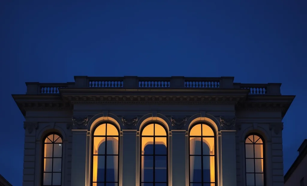 Fachada de banco privado à noite, ilustrando trust internacional